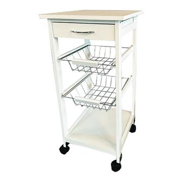 Carrello da Cucina in Legno Bianco con Ruote, 2 Cestelli...