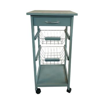 Carrello da Cucina in Legno Grigio con Ruote, 2 Cestelli + 1 Cassetto e Vano Inferiore 37x76x37cm