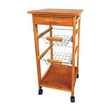 Carrello da Cucina in Legno Miele con Ruote, 2 Cestelli...