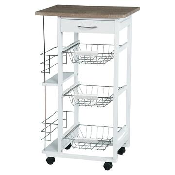 Carrello da Cucina in Legno Bianco con Ruote, 3 Cestelli + Cassetto e Vano Spezie 47x83,5x37cm Marino fa Mercato