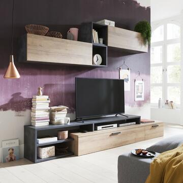 Parete attrezzata soggiorno scandinavo Vittoria Rovere/Grigio con ripiani e porta tv - Composad